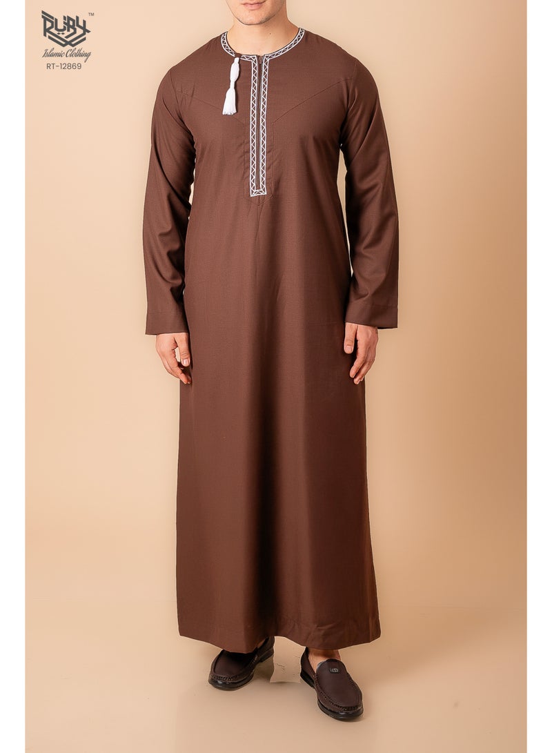 RUBY ISLAMIC CLOTHING Brown Omani/Emirati Dishdasha – Men's Omani/Emirati Style Thobe Kandura Classic - Full-Length Long Sleeve Islamic Jubbah - Image 1